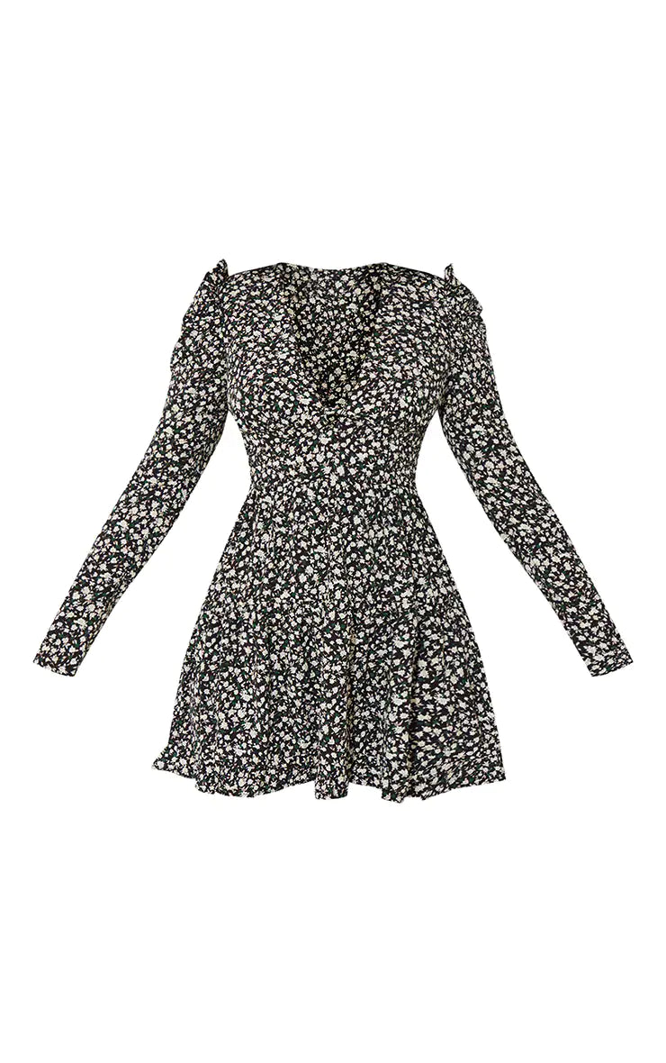 Black Floral Puff Sleeve Frill Hem Tea Dress