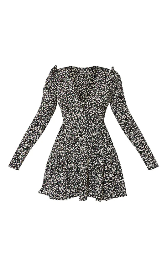 Black Floral Puff Sleeve Frill Hem Tea Dress