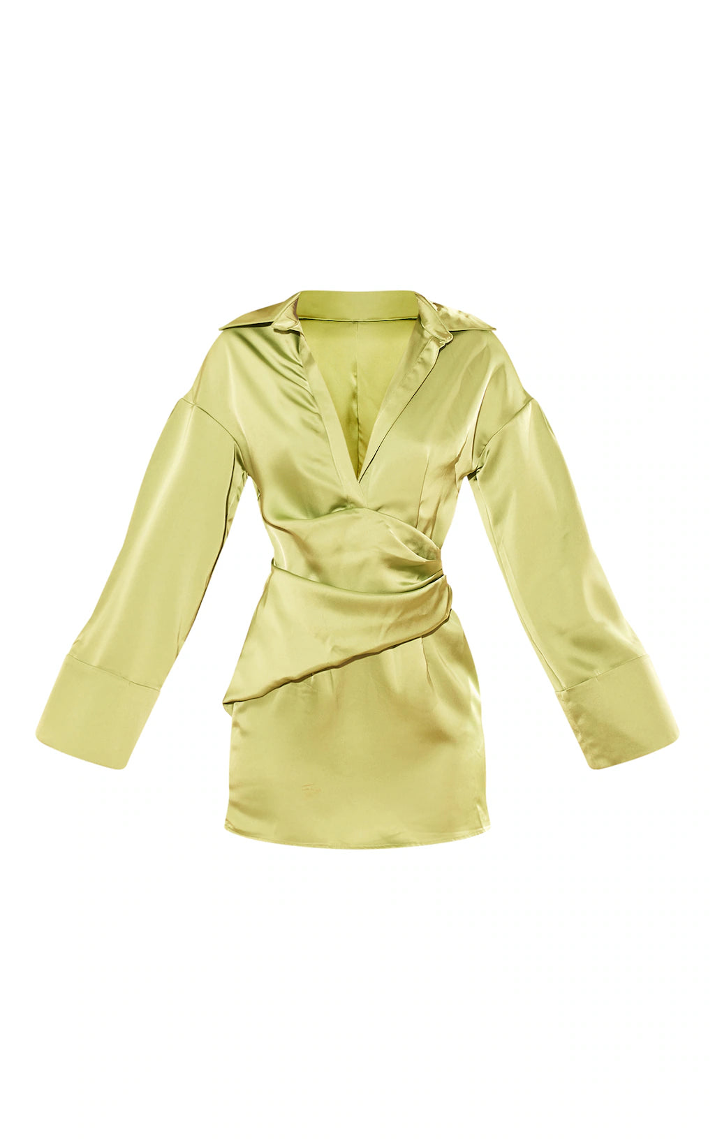 Premium Chartreuse Satin Bell Sleeve Shirt Dress