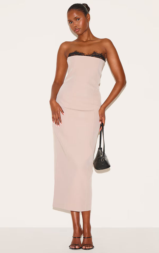 Taupe Lace Bust Detail Woven Midaxi Dress