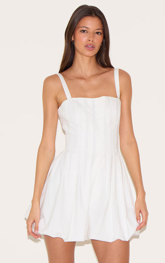 White Twill Pleated Puffball Playsuit