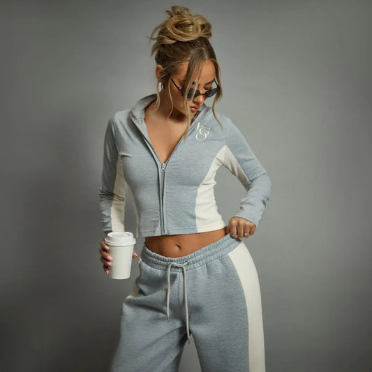 Long Sleeve High Neck Zip Front Ego Graphic Top In Grey