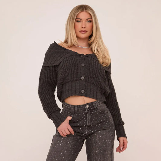 Button Front Collared Cardigan In Grey Rib Knit