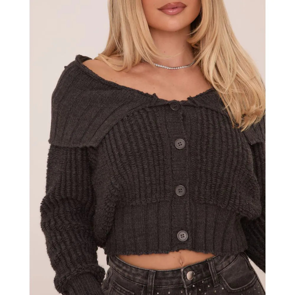 Button Front Collared Cardigan In Grey Rib Knit