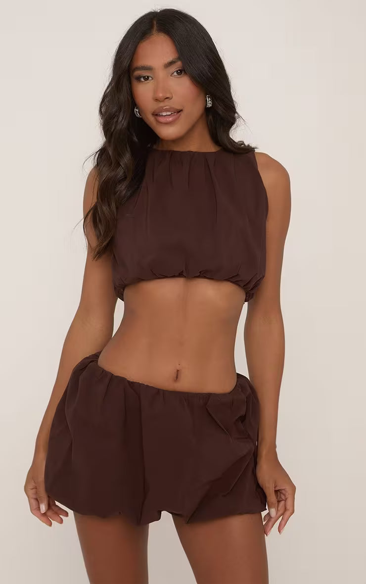 Ego - Sleeveless Crop Top And High Waist Puffball Mini Skirt Co-Ord Set In Chocolate Brown