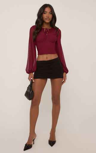 Ego - Long Puff Sleeve Tie Front Corset Top In Burgundy