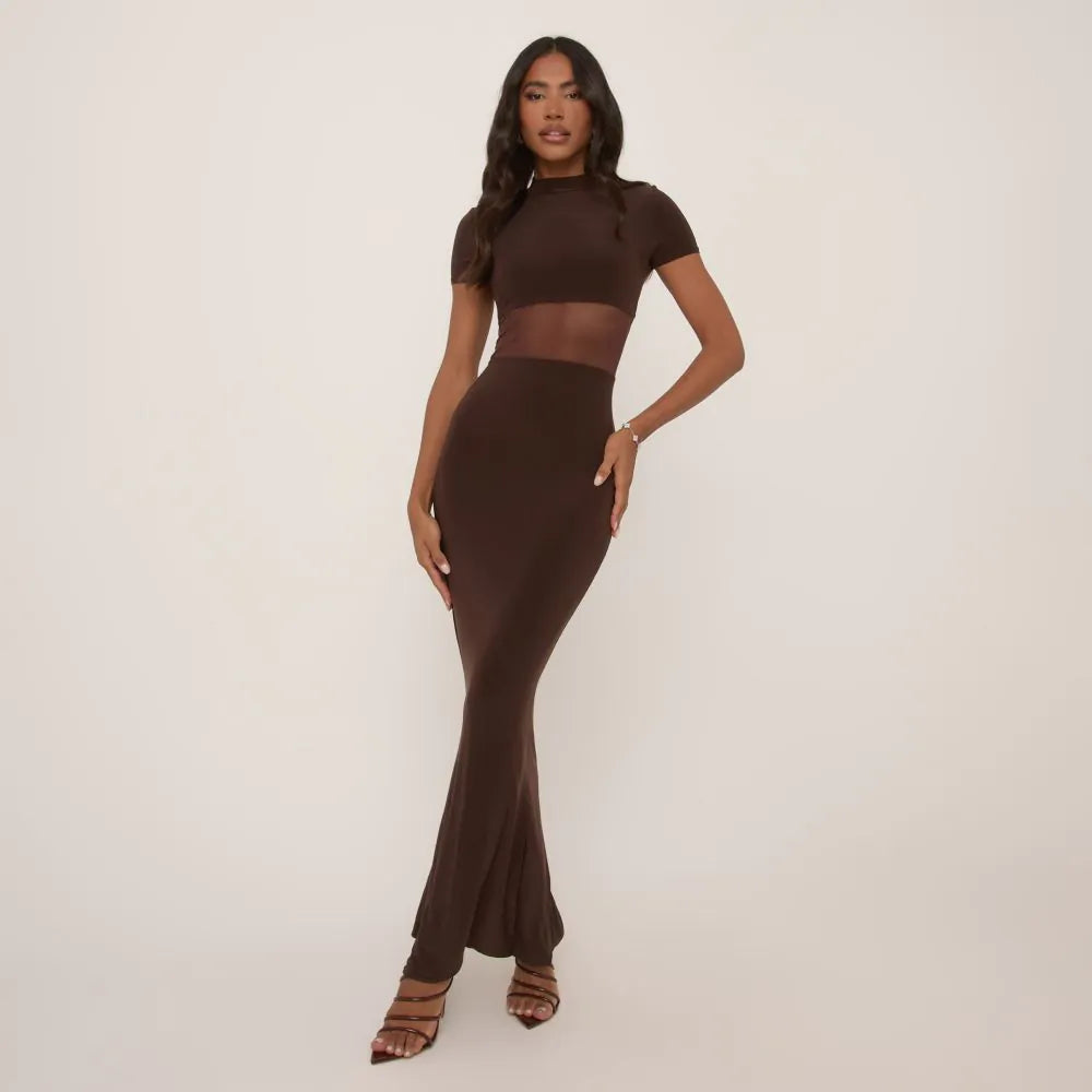 Short Sleeve High Neck Mesh Insert Maxi Dress In Chocolate Brown Slinky