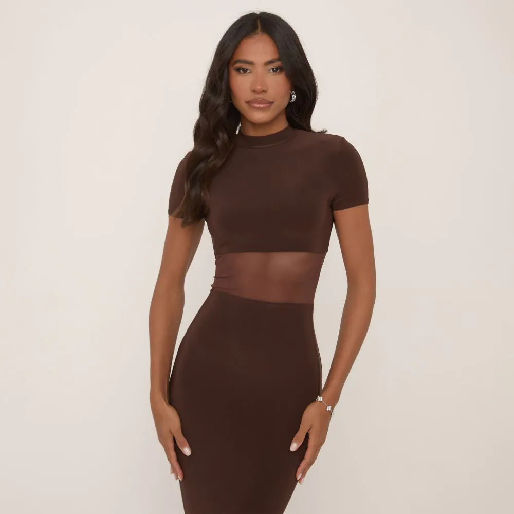 Short Sleeve High Neck Mesh Insert Maxi Dress In Chocolate Brown Slinky