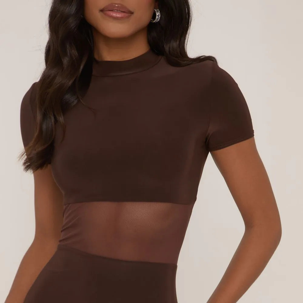 Short Sleeve High Neck Mesh Insert Maxi Dress In Chocolate Brown Slinky