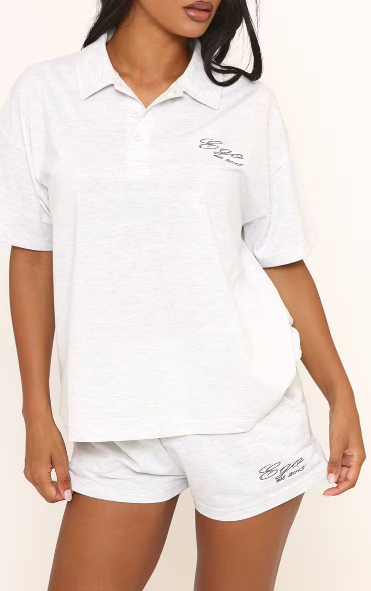 Ego - Short Sleeve 'Ego' Embroidered Graphic Detail Button Collared Polo Shirt In Grey