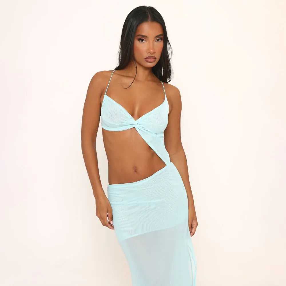 Ego - Strappy Twist Front Detail Cut Out Maxi Dress In Blue Mesh