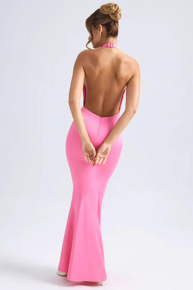 Ohpolly Desiree Halterneck Fishtail Gown in Hot Pink