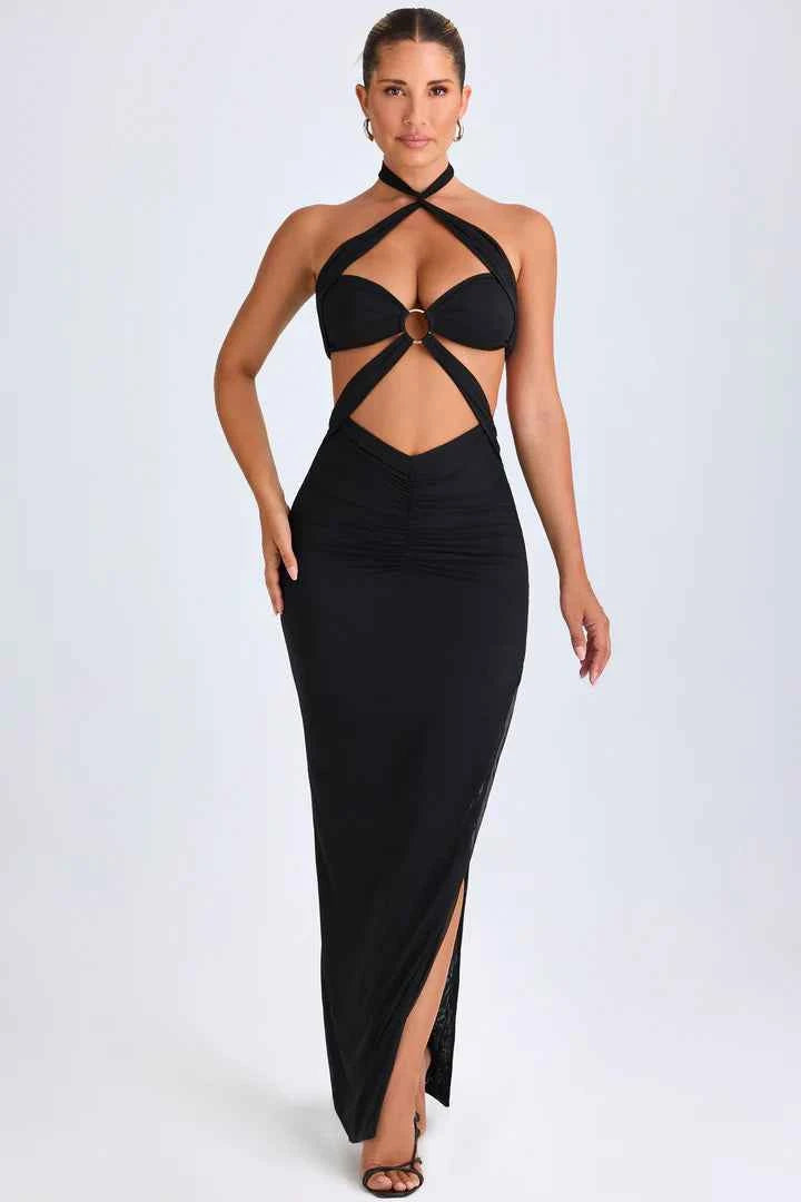 Ohpolly - Hardware Detail Cut-Out Halterneck Maxi Dress in Black