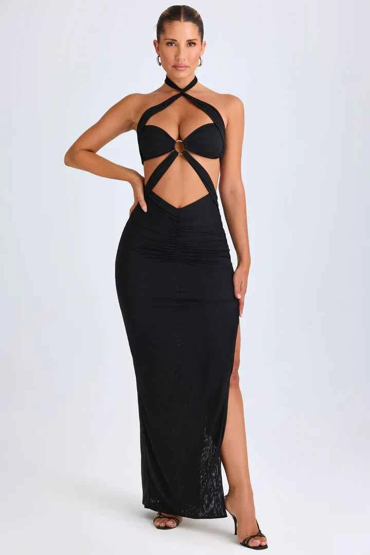Ohpolly - Hardware Detail Cut-Out Halterneck Maxi Dress in Black