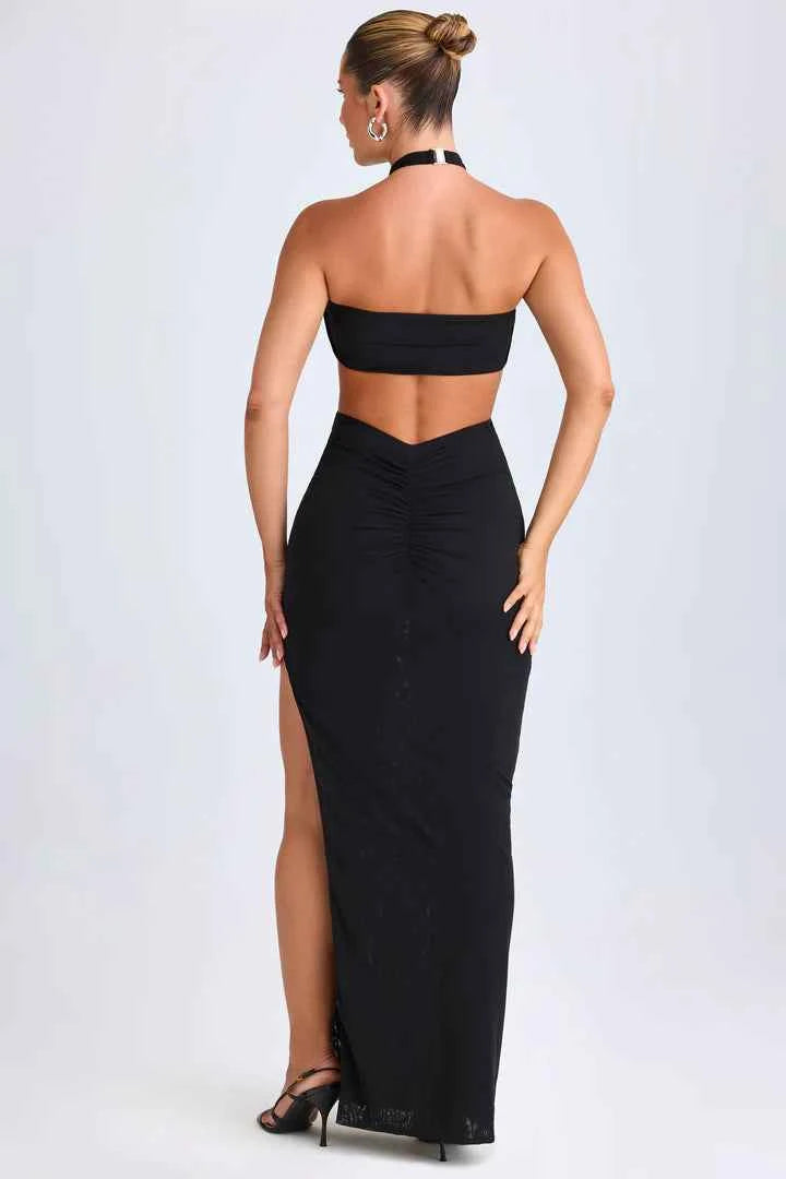 Ohpolly - Hardware Detail Cut-Out Halterneck Maxi Dress in Black