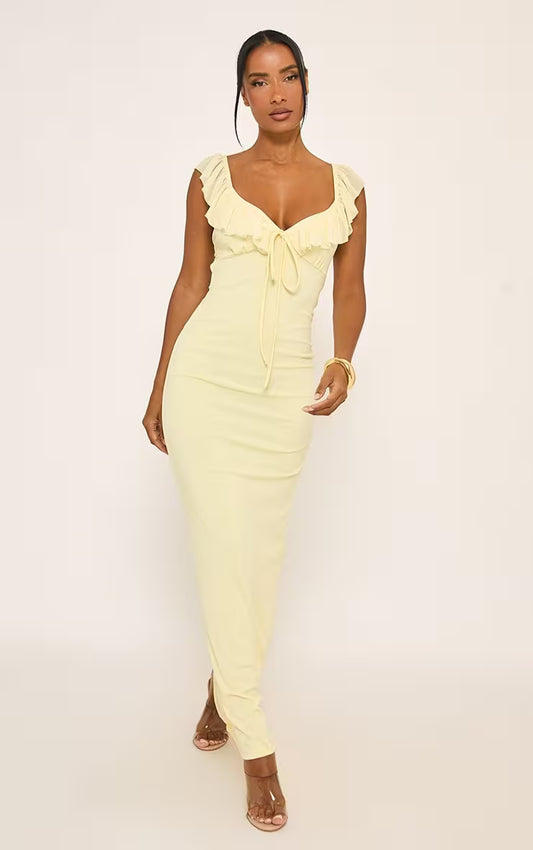 Plunge Front Open Back Frilled Maxi Dress In Yellow