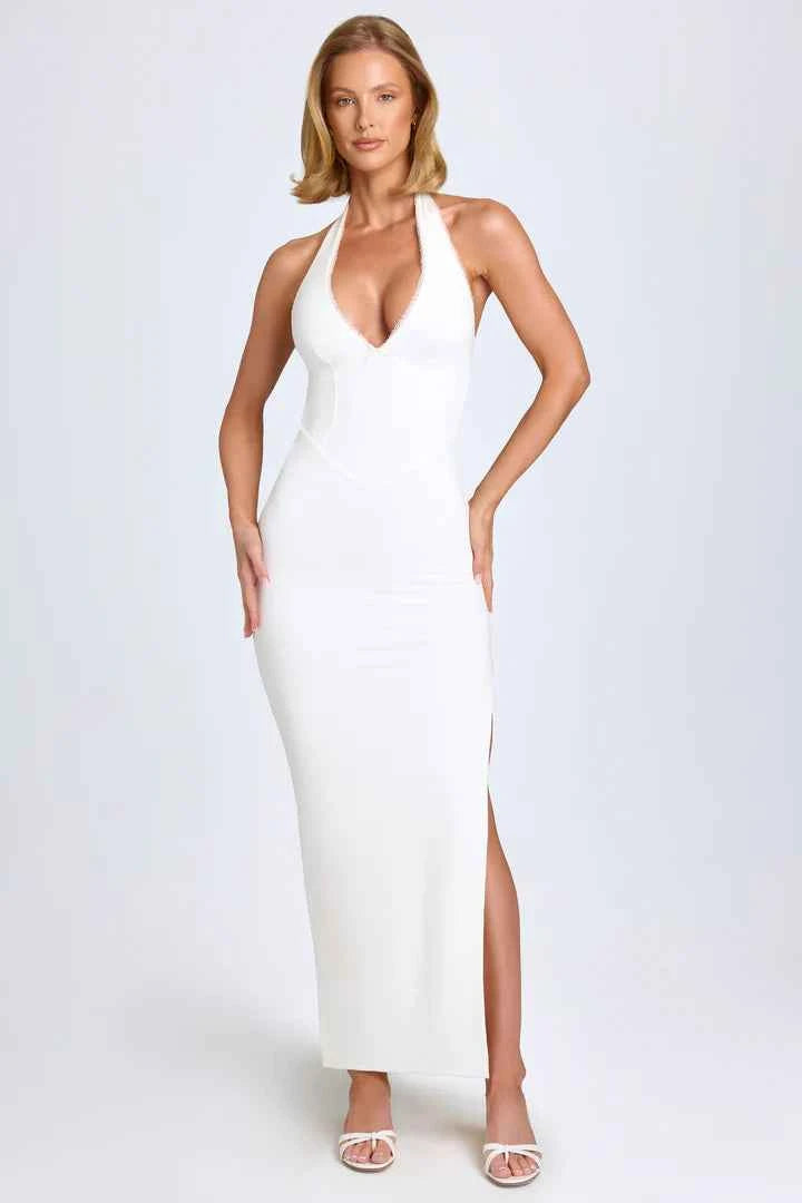 Ohpolly - Modal Lace-Trim Halterneck Maxi Dress in White