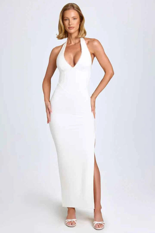 Ohpolly - Modal Lace-Trim Halterneck Maxi Dress in White