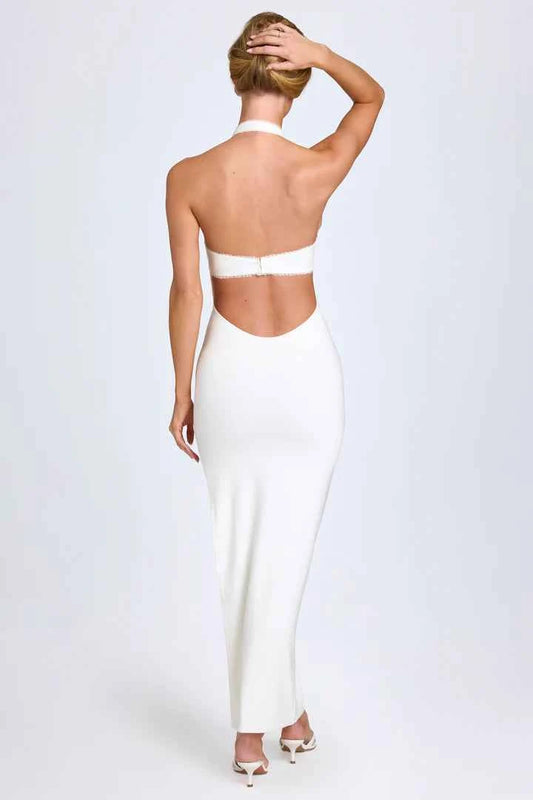 Ohpolly - Modal Lace-Trim Halterneck Maxi Dress in White