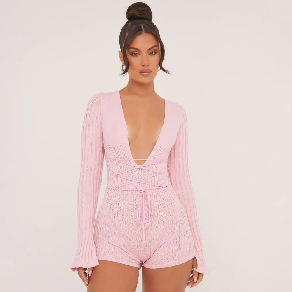 Long Sleeve Plunge Strappy Waist Playsuit In Contrast Pastel Pink Knit