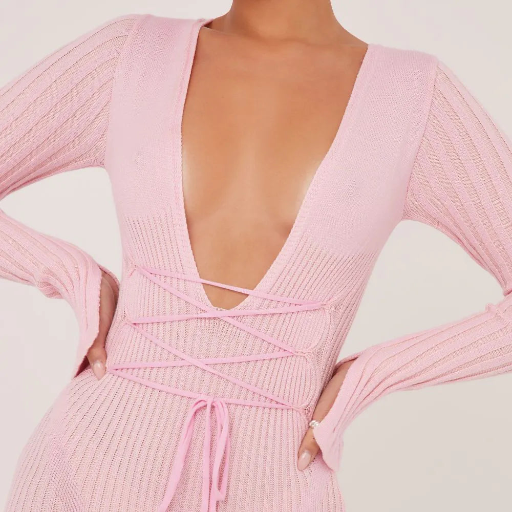 Long Sleeve Plunge Strappy Waist Playsuit In Contrast Pastel Pink Knit