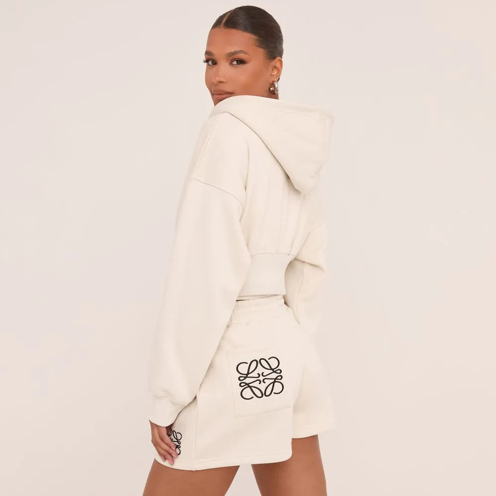 Swirl Graphic Detail Cropped Hoodie In Stone