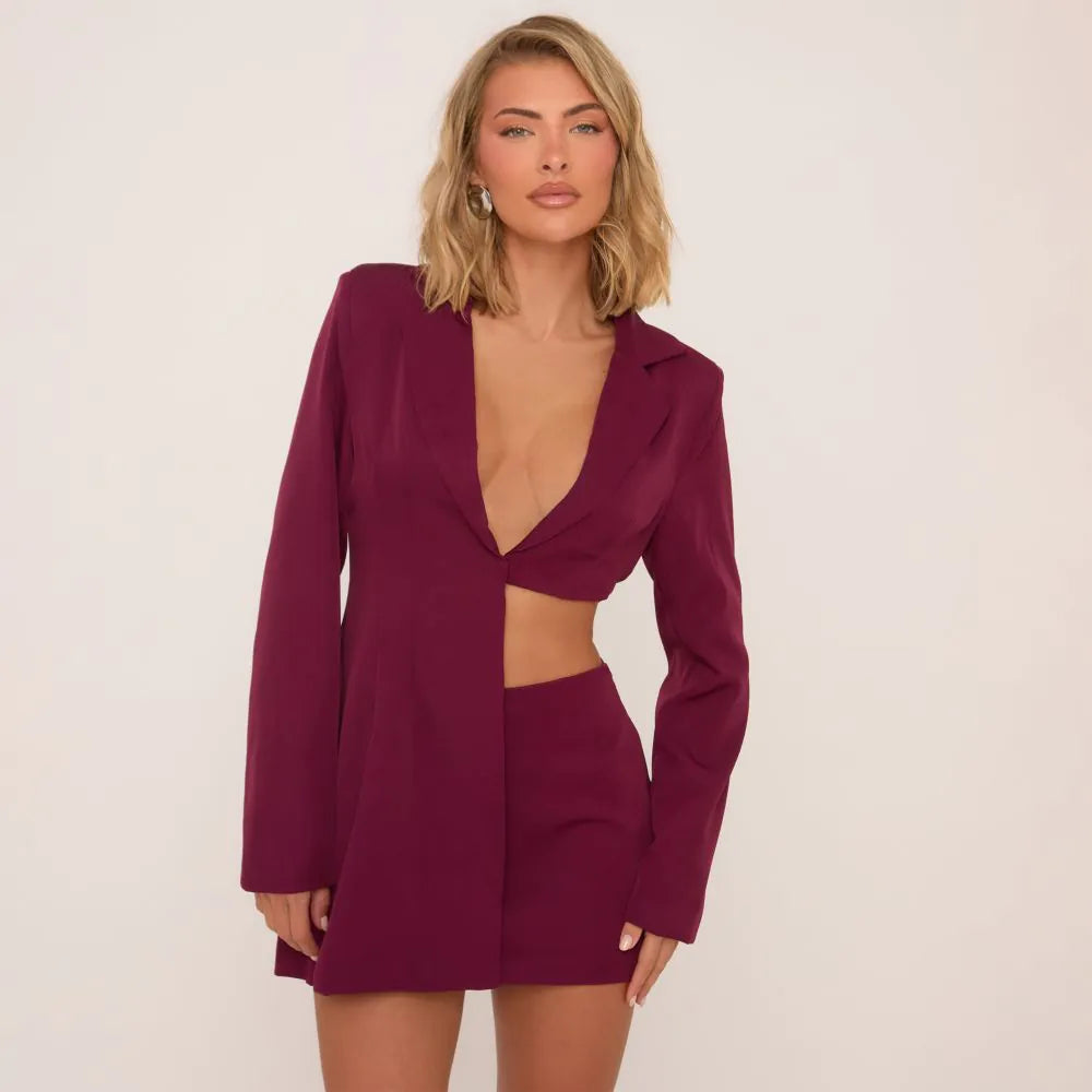 Cut Out Asymmetric Blazer In Burgundy Woven