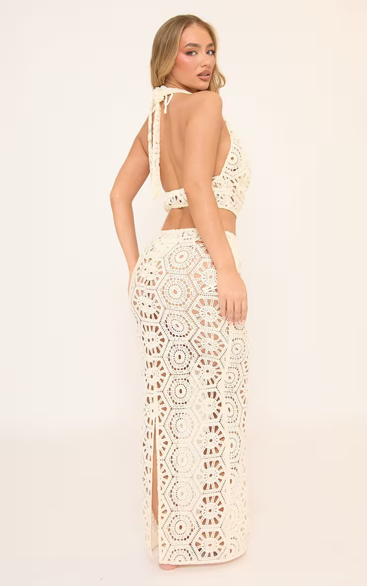 Ego - Mid Rise Maxi Skirt In Cream Crochet