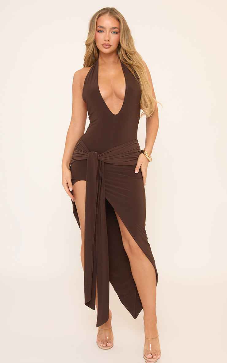 Plunge Neck Wrap Waist Detail Side Split Midi Dress In Brown