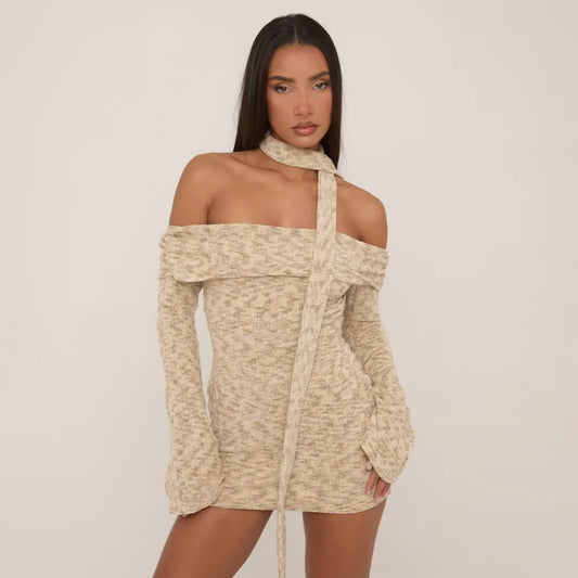 Bardot Long Sleeve Mini Bodycon Dress With Matching Scarf In Stone Texture