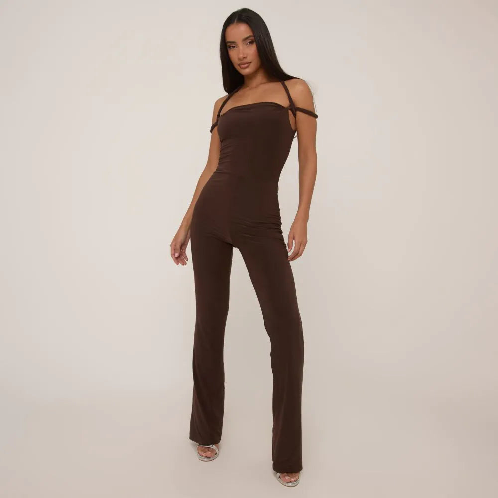 Square Neck Twist Rope Detail Straight Leg Jumpsuit In Chocolate Brown