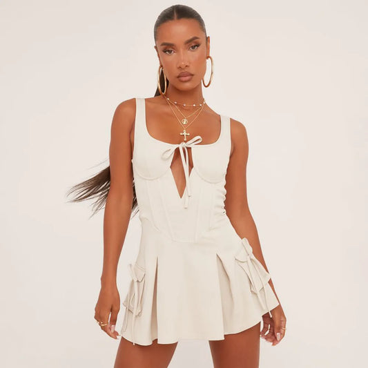 Scoop Neck Underwired Tie Front Pleated Cargo Mini Dress In Stone Woven