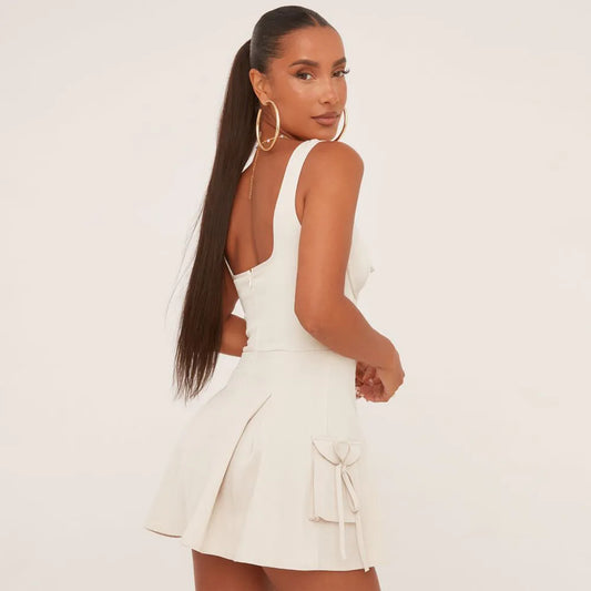 Scoop Neck Underwired Tie Front Pleated Cargo Mini Dress In Stone Woven