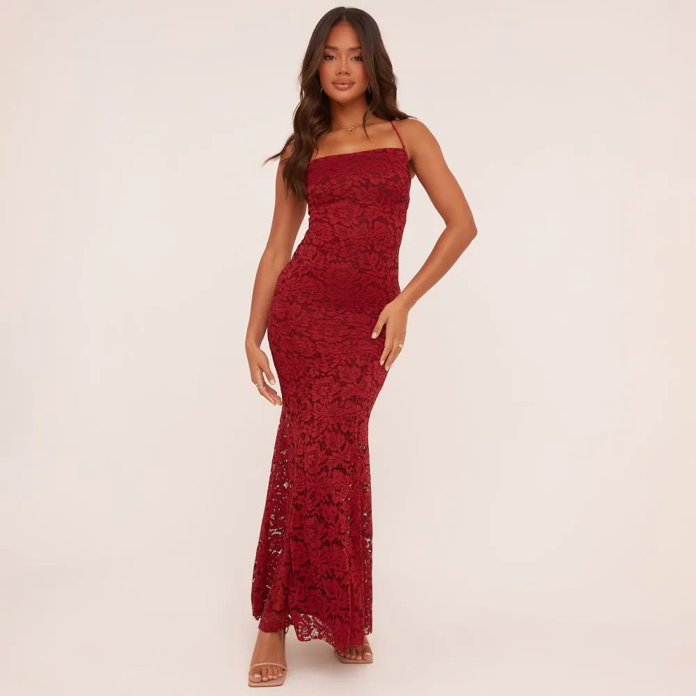 BANDEAU LACE UP BACK MAXI DRESS IN WINE LACE