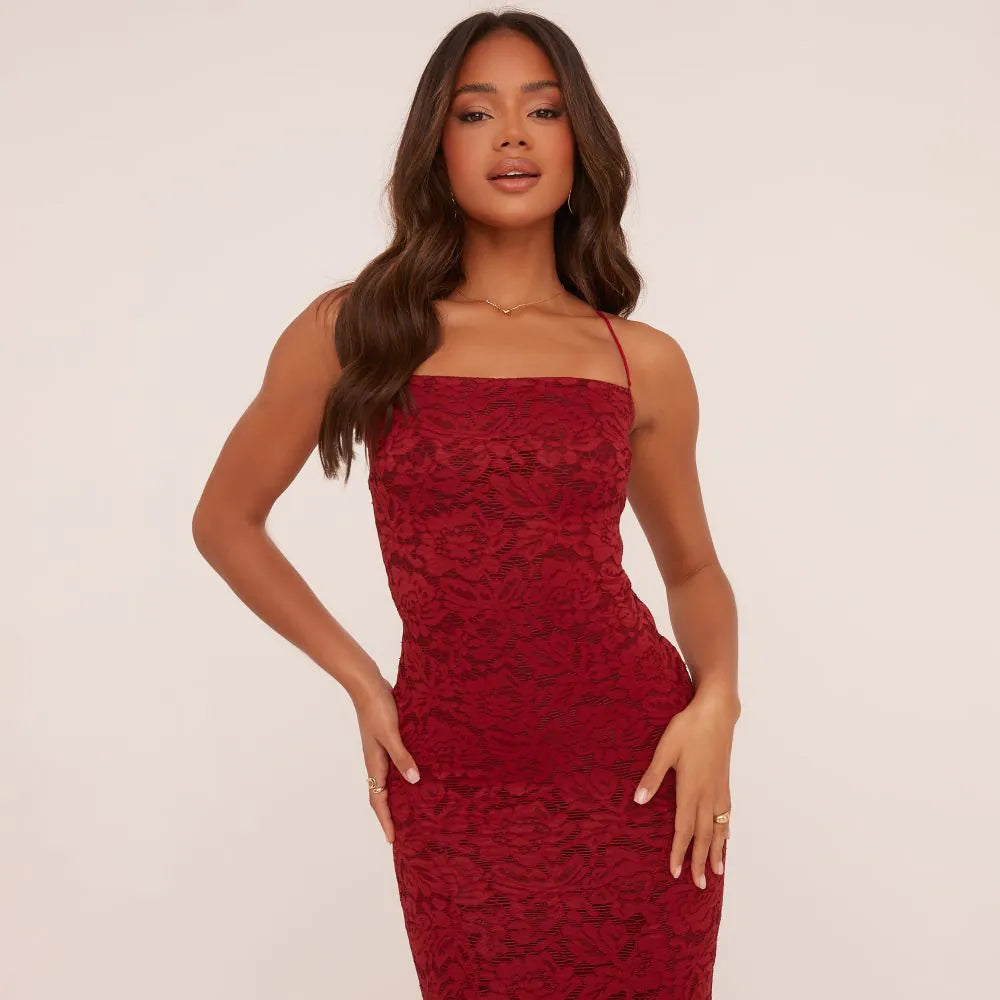BANDEAU LACE UP BACK MAXI DRESS IN WINE LACE