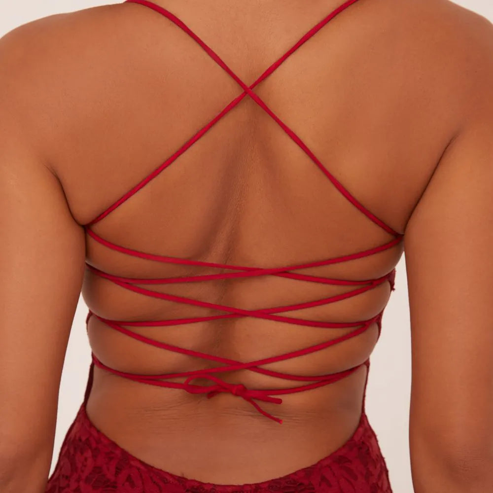 BANDEAU LACE UP BACK MAXI DRESS IN WINE LACE