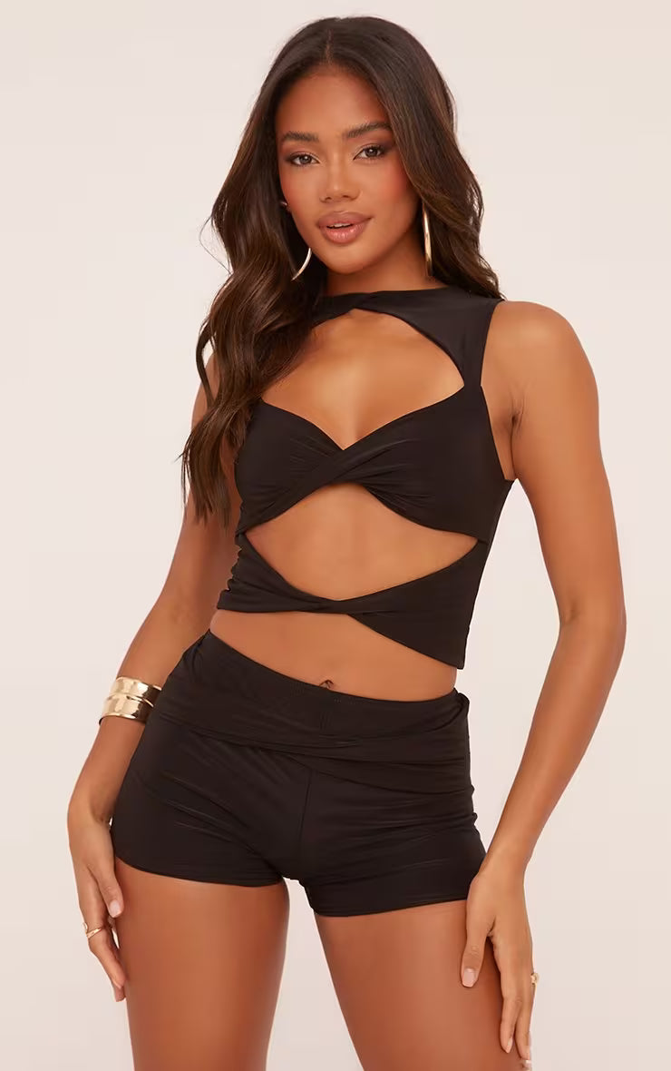 Ego - Sleeveless Cut Out Twist Front Crop Top In Black Slinky