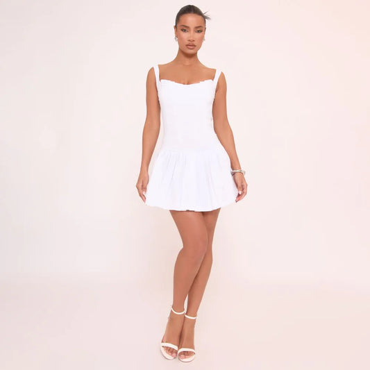 Square Neck Pleated Detail Mini Skater Dress In White