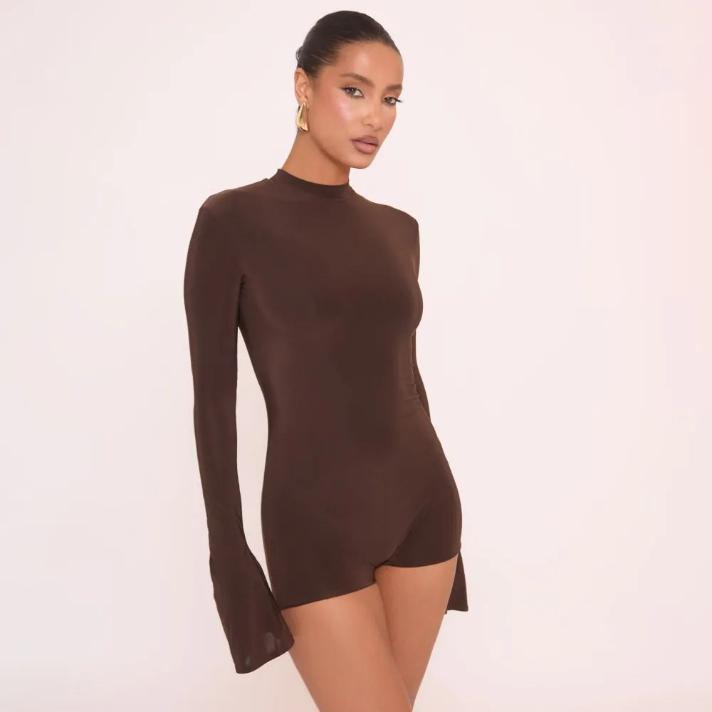Long Flute Sleeve Double Layered Playsuit In Brown Slinky