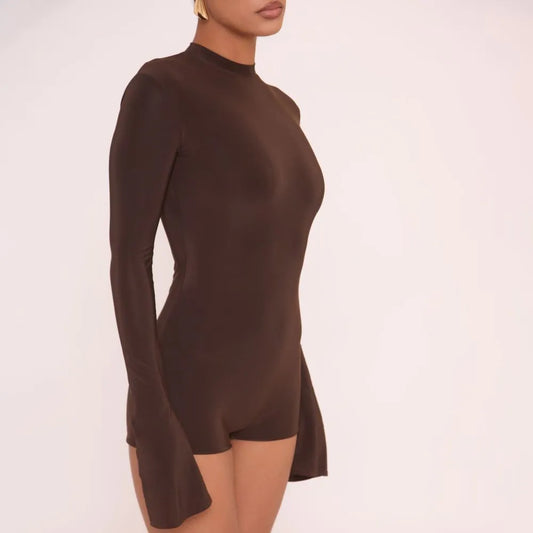 Long Flute Sleeve Double Layered Playsuit In Brown Slinky