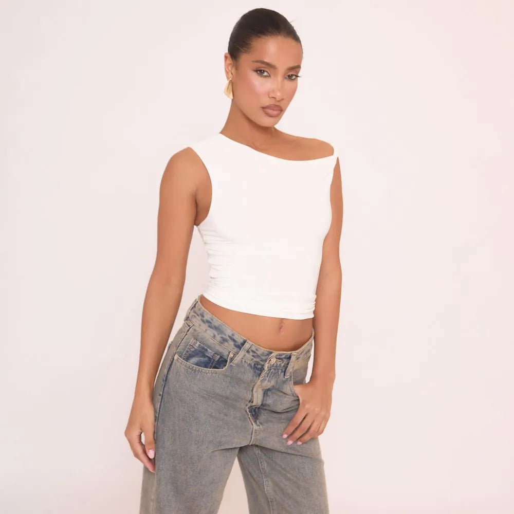 Twist Strap Detail Top In White Slinky