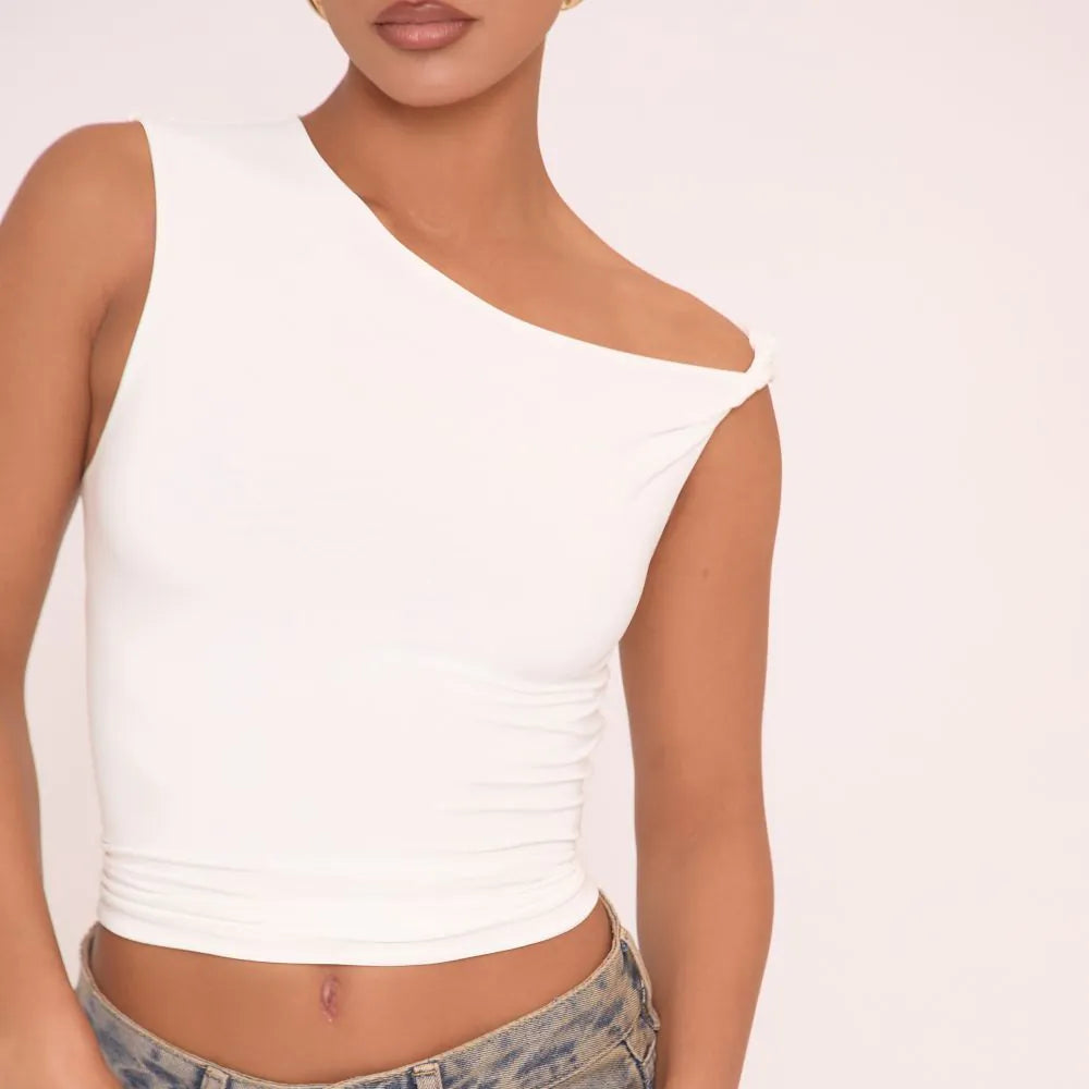 Twist Strap Detail Top In White Slinky