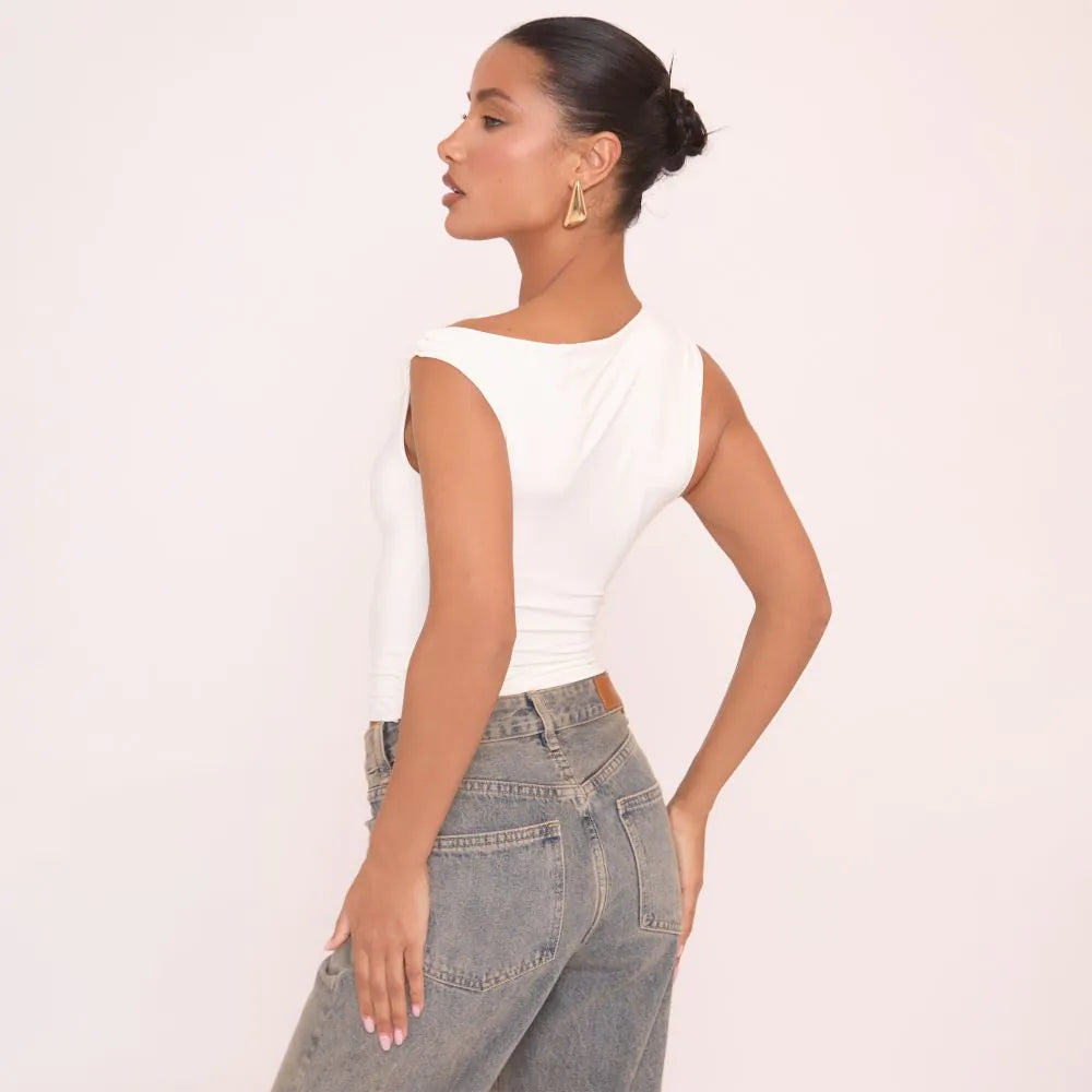 Twist Strap Detail Top In White Slinky