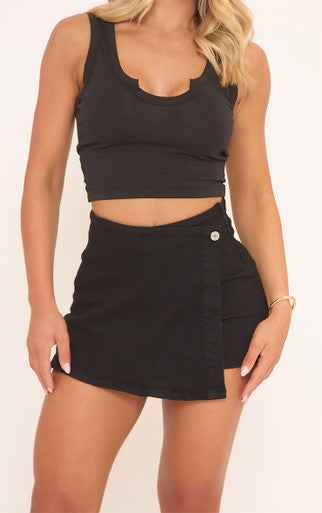 Ego - High Waist Wrap Front Skort In Black Denim