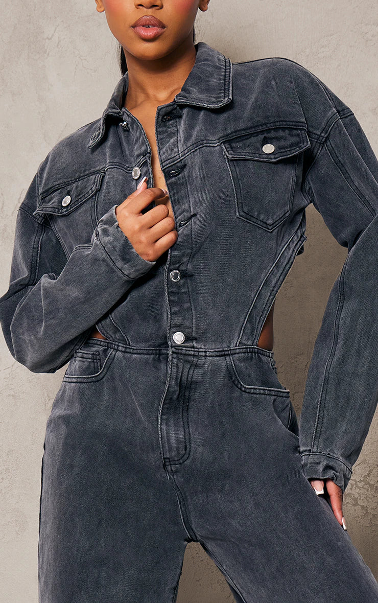 WASHED GREY CUT OUT FRAYED DETAIL DENIM JUMPSUIT
