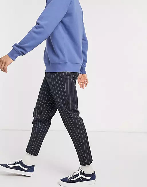 Smart Tapered Pinstripe Trousers In Navy