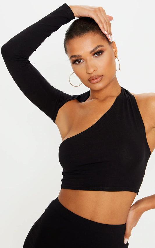 Black Cotton One Shoulder Asymmetric Crop Top