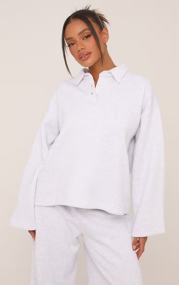 Polo Collar Sweatshirt In Grey Marl
