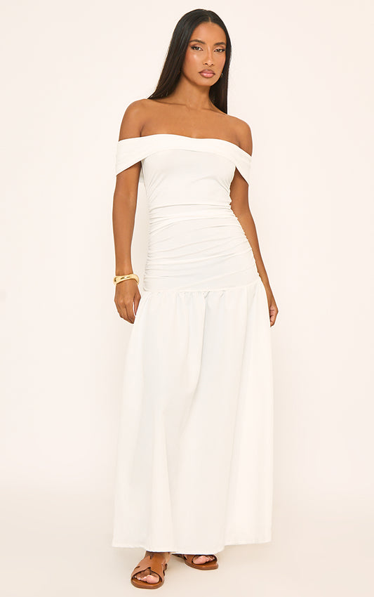 Ego - Bardot Ruched Detail Dropped Hem Midi Dress In White