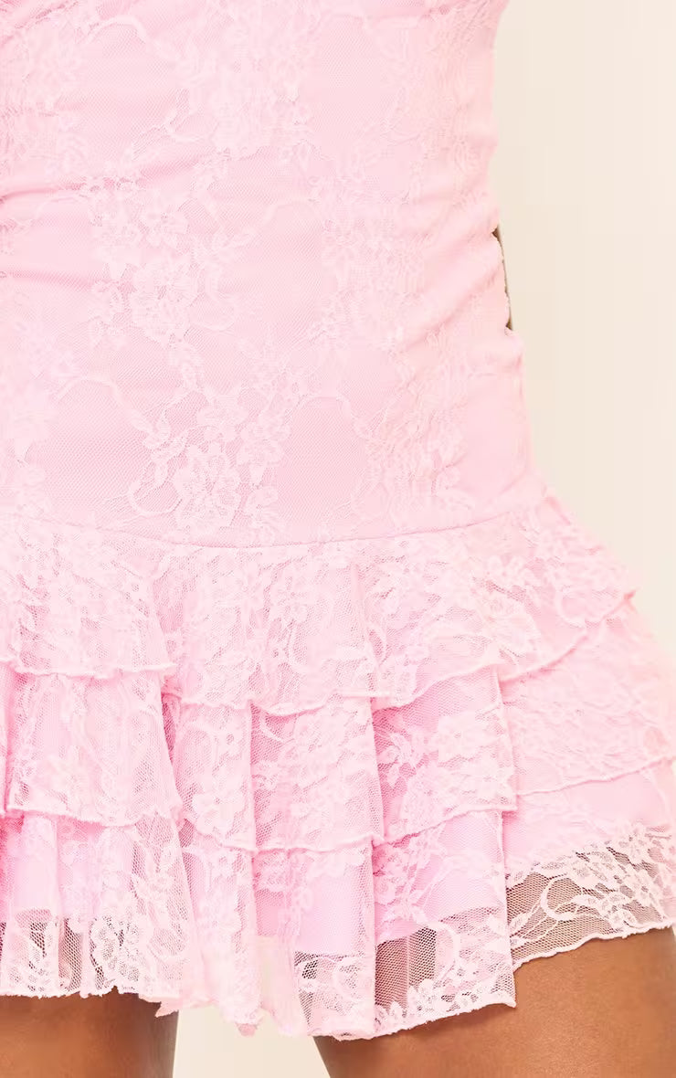 Ego - Bandeau Frill Hem Mini Dress In Pink Lace